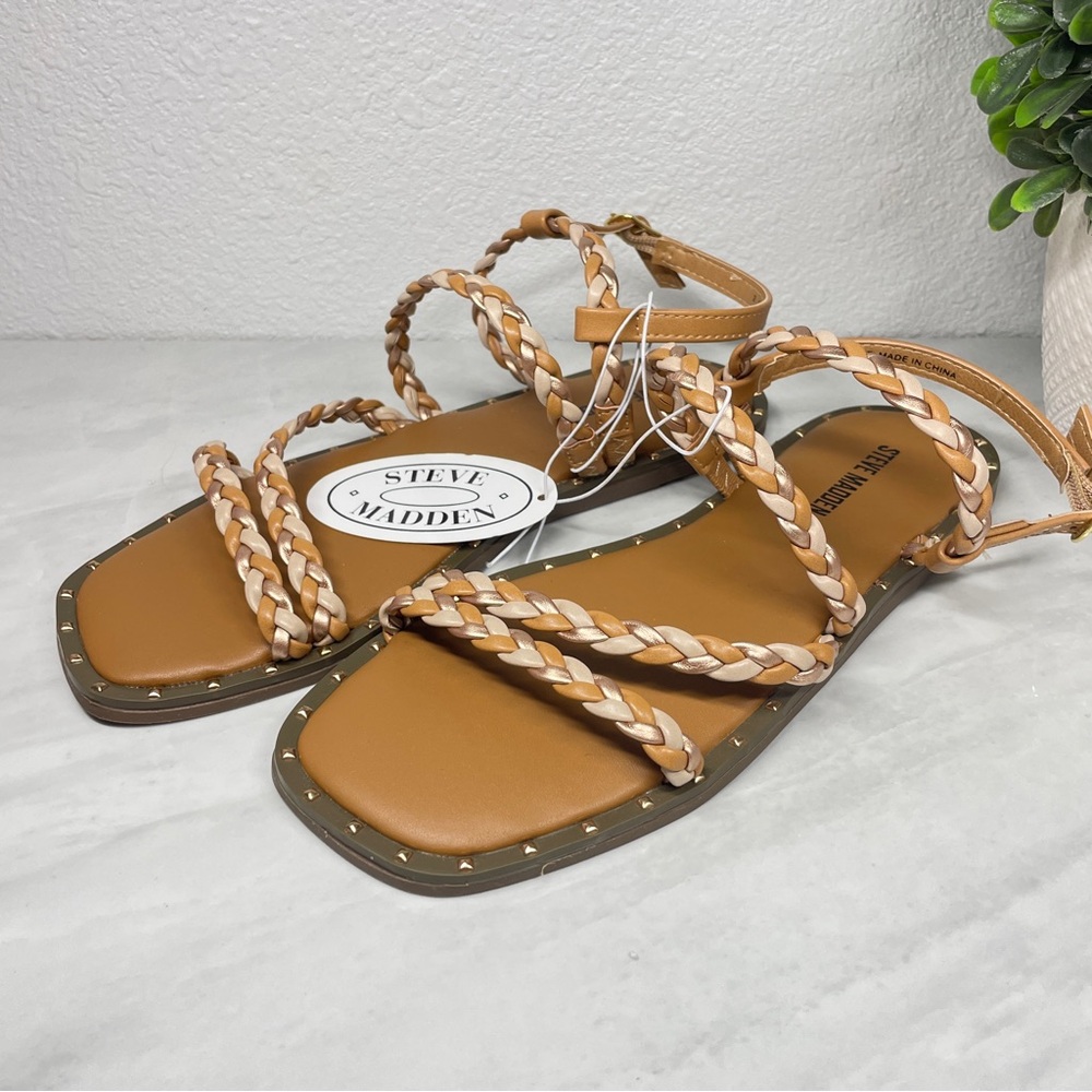 NEW‎ Steve Madden JROME Girls Natural Multi Braided Strappy Flat Sandals Size 2